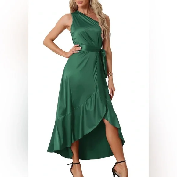 Dresses | Dark Green Satin Split High Low Ruffle Cocktail One Shoulder Dress Size Xl Nwot | Poshmark Dresses | Dark Green Satin Split High Low Ruffle Cocktail One Shoulder Dress Size Xl Nwot | Poshmark